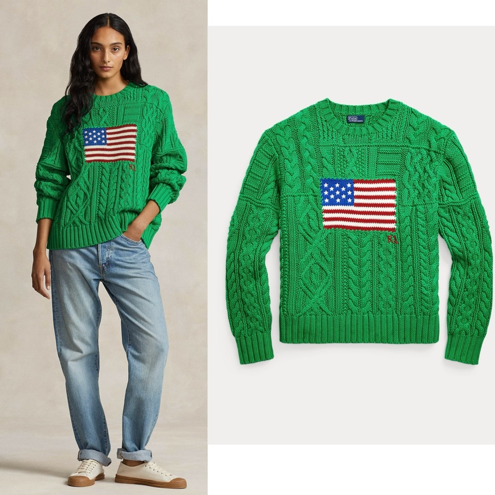 Polo Ralph Lauren Aran-Knit Flag Cotton Sweater women’s size L NWT